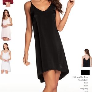 Black satin high-low slip dress